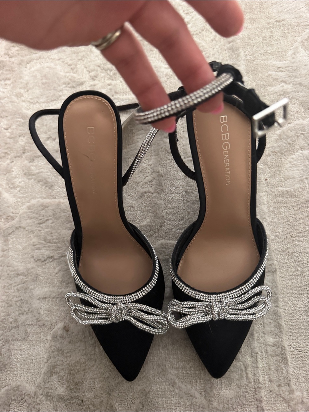 BCBGeneration Black Pointed Rhinestone Bow Ankle-Strap Heels